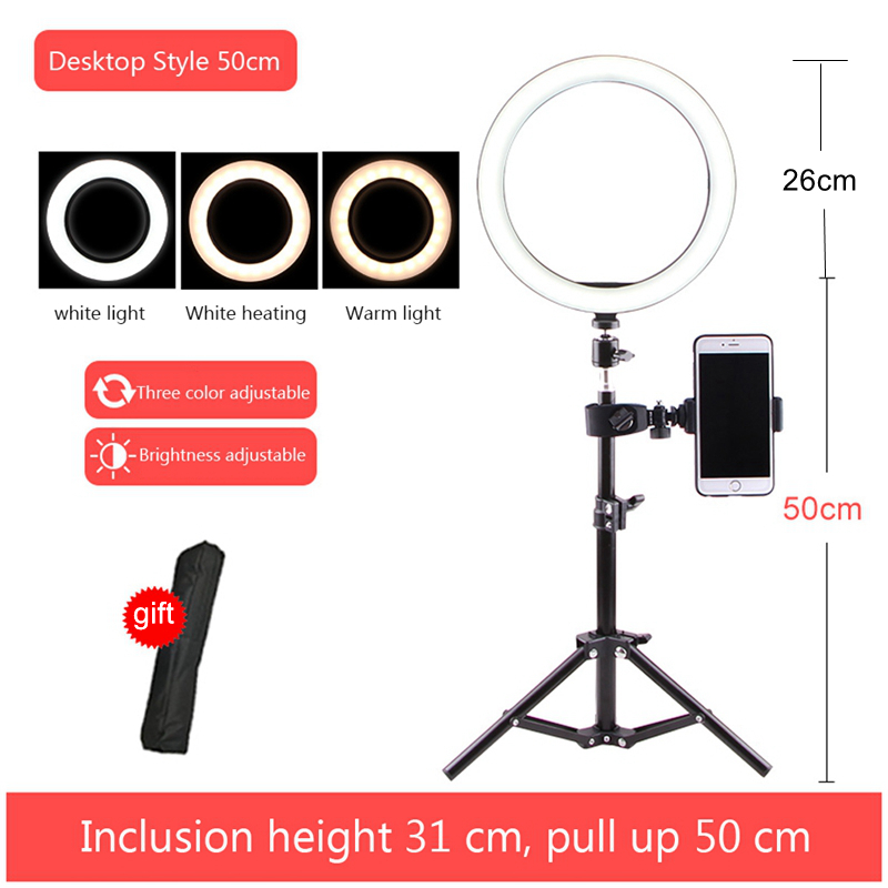 Anel de luz de selfie com tripé para smartphone, anel de luz para maquiagem, anel fotográfico, arco de ligação para celular telefone móvel: 26cm add 50cm stand