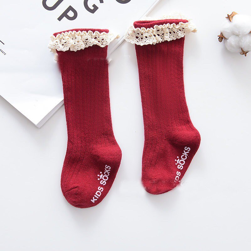 Neue Mädchen Einzigen Farbe Streifen Strümpfe blasiert Mund Strümpfe Baby Bowknot Baumwolle Rutschfeste Kleinkind Aktien Spitzen Strümpfe: Spitzenarbeit Wein rot / 2-4 T