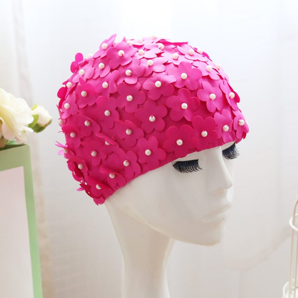 Bloemen zwemmuts 3d badmutsen met bloemblaadjes en parels, lange/korte haar zwemmuts, puur handgemaakte stoffen zwemmuts: Rozenrood