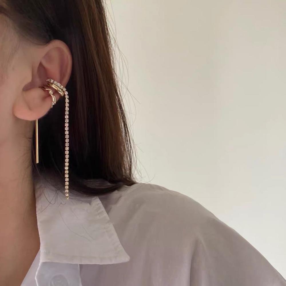 Flashbuy Trendy Goud Kleur Oor Manchetten Clip Oorbellen Voor Vrouwen Kristal Geen Piercing Lange Kwast Oorbellen Minimalistische Sieraden