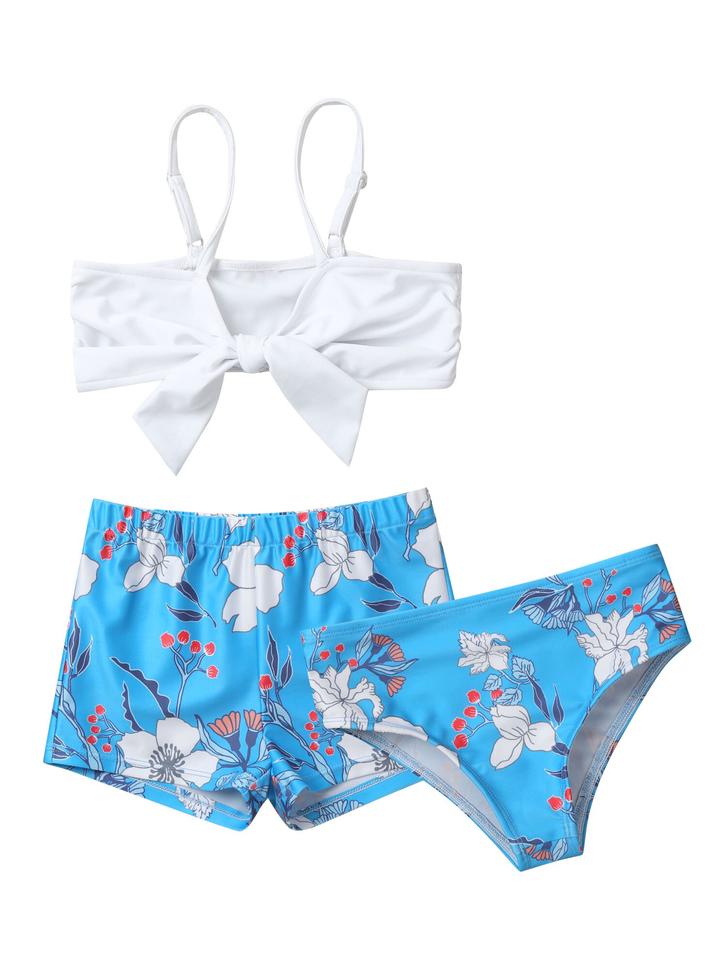 3Pcs Kids Girls Summer Swimsuits Adjustable Straps Top and Floral Print Boyshorts Briefs Set Children Beach Bikini Bathing Suit