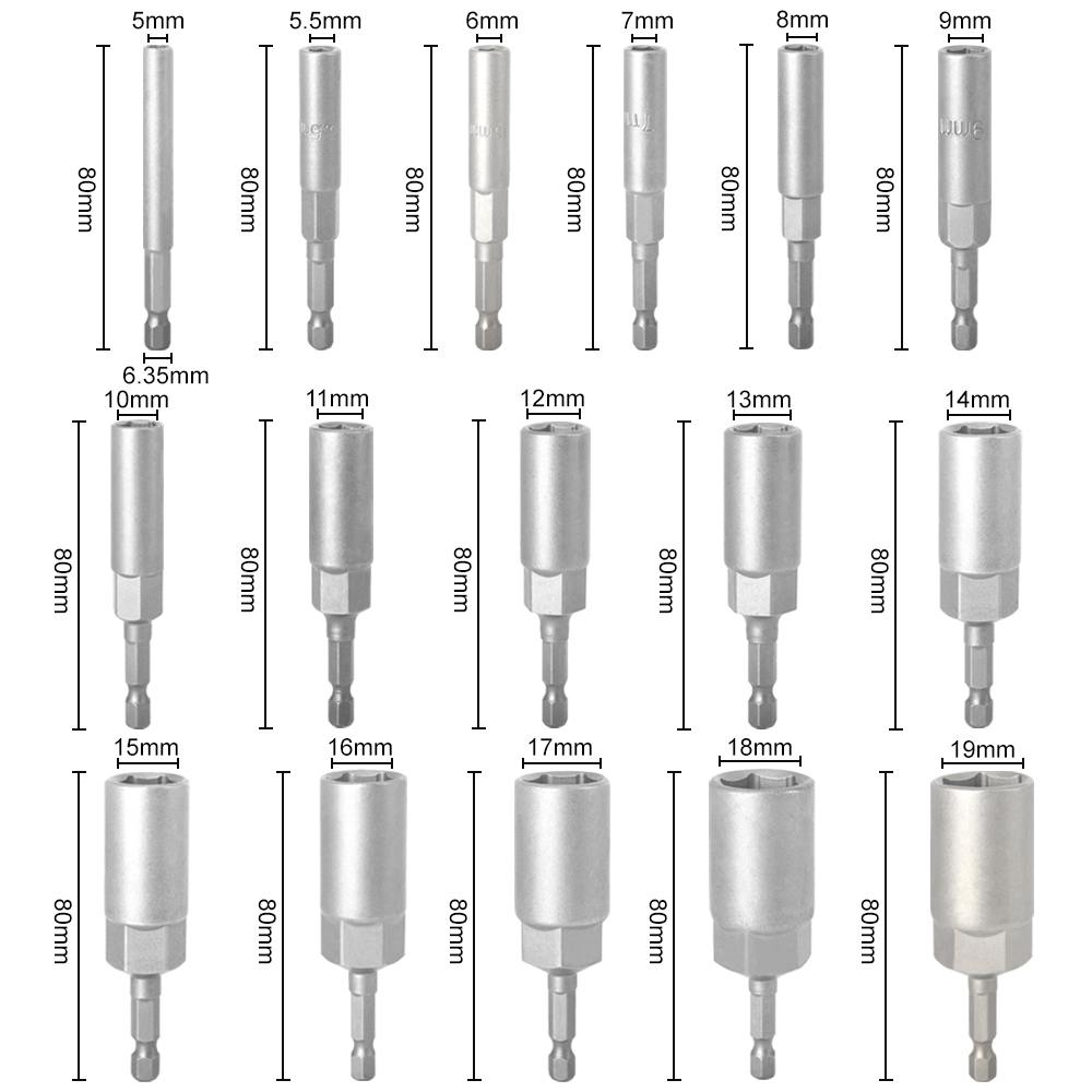 Length Deepen Impact Socket Adapter 5-19mm Power Nut Driver Socket Set 1/4-inch Hex Shank Screwdriver Key Head Hand Tool 1PC