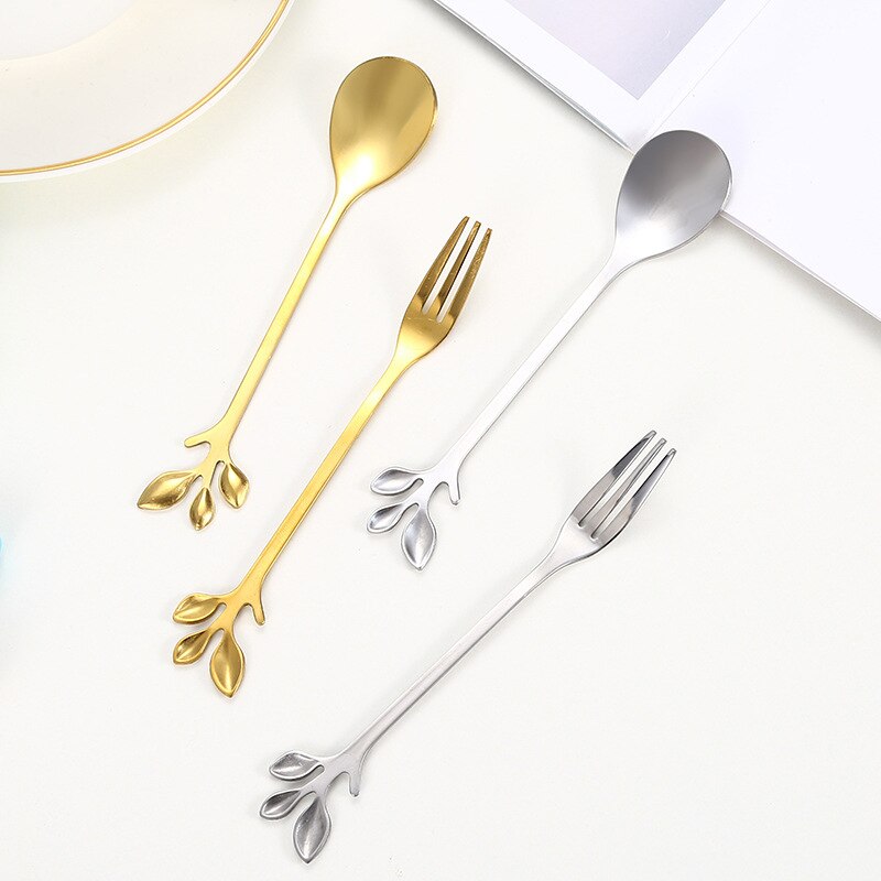 5pcs Stainless Steel Spoon Branch Leaves Spoon Fork Coffee Spoon Christmas Kitchen Accessories Tableware Decoration