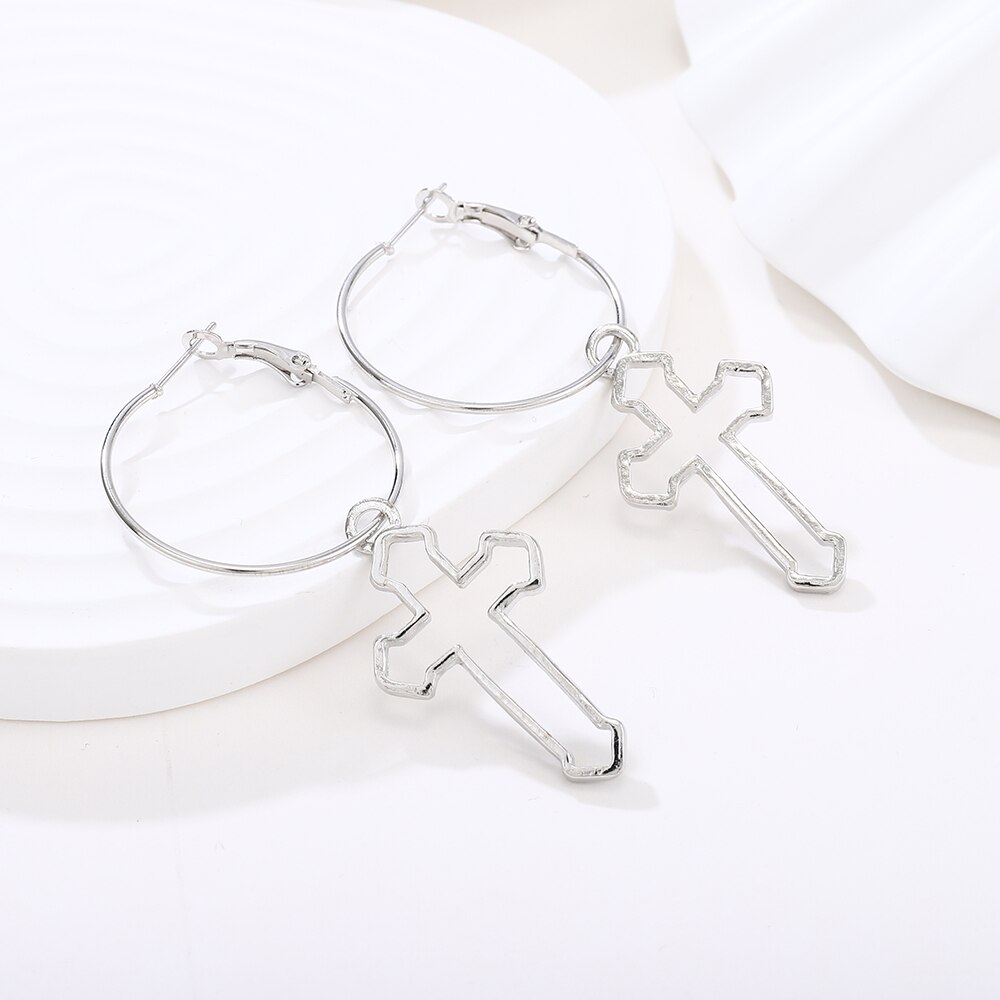 Pendientes grandes de Metal estilo callejero para mujer, aretes con Cruz hueca, estilo Punk, Hip Hop, joyería exagerada