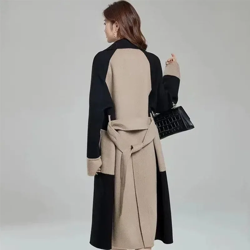 Manteau en laine velours Double face pour femme, Style Long, nouvelle automne hiver, bloc de couleurs, amincissant, Style Hepburn, vêtements d'extérieur élégants