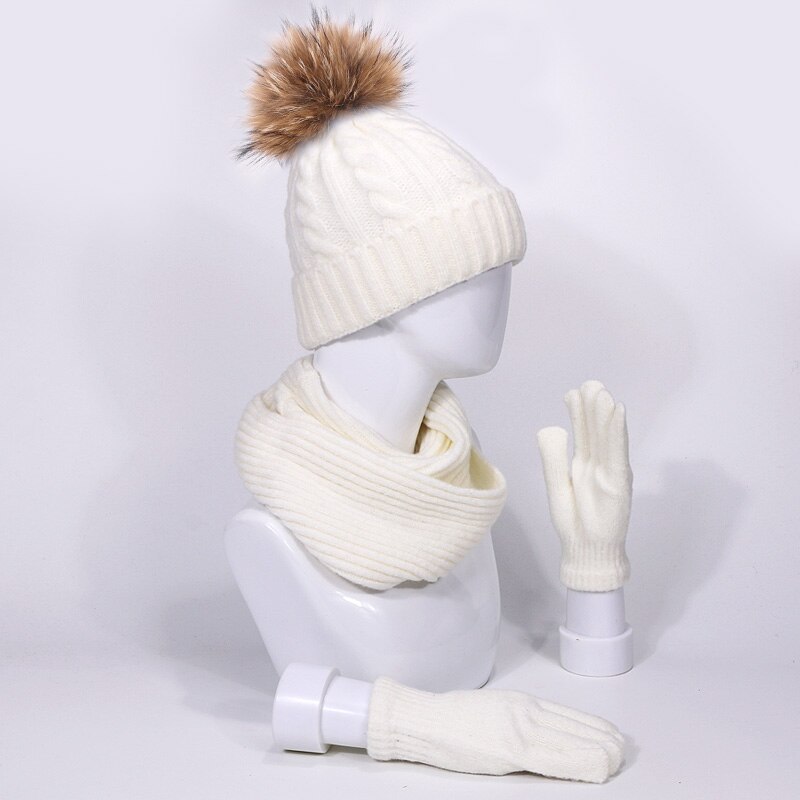 Gorro de piel Real con pompón, gorros, bufandas, guantes, conjunto de tres piezas, gorro grueso para invierno y otoño bufanda, guantes traje Windproo Pom sombrero bufanda, guantes de invierno deportes al aire libre cálida bufanda gorros conjuntos: D