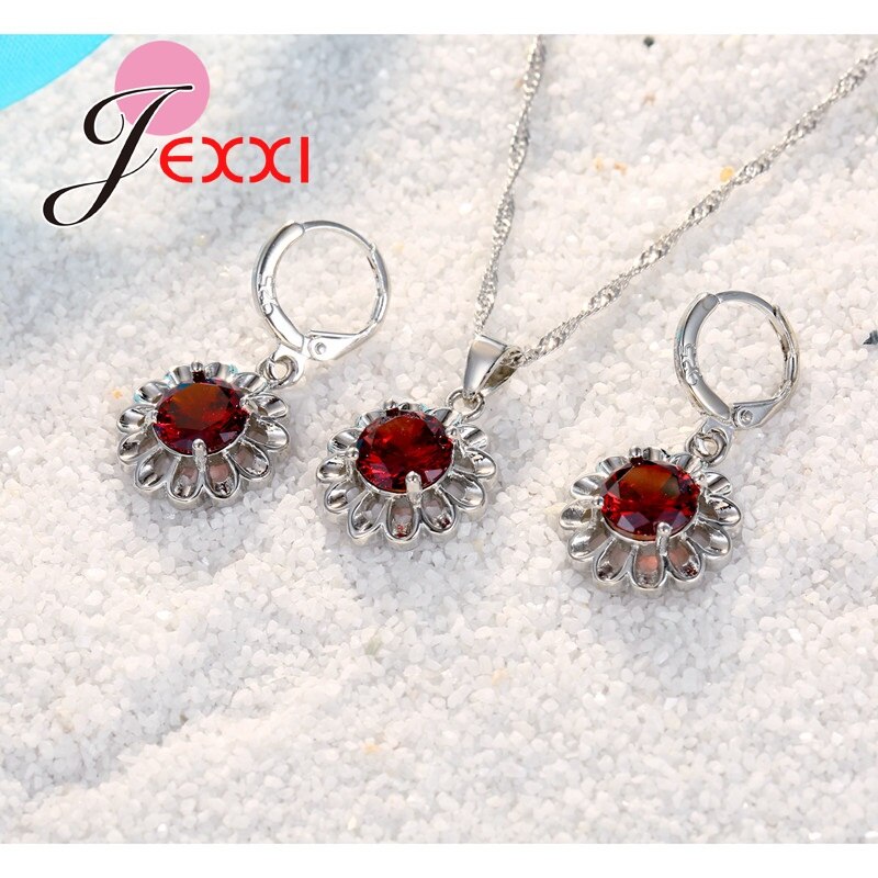 Zonnebloem Eeuwige Liefde 925 Sterling Zilveren Sieraden Set Voor Bruiloft Crystal Maxi Ketting Oorbellen Set Voor Vrouwen Bijoux