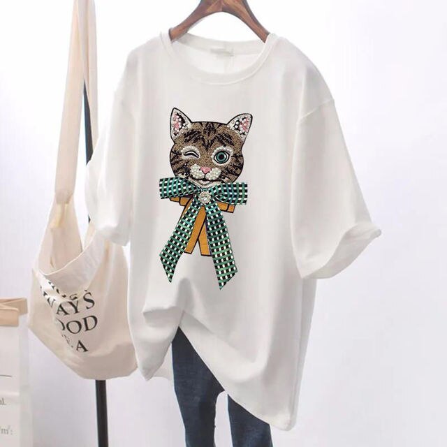 Plus Size 6XL 150Kg Zomer Vrouwen T-shirt Shor Mouwen Zwart Tops Kat Gedrukt Vrouwen Tops O Hals Losse dames Big Size T Shirt: white / 6XL