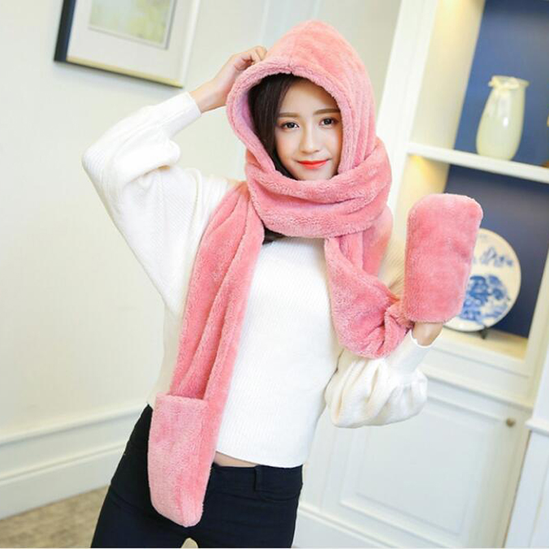 3 in 1 Women Winter Hood Scarf Hat Glove Set Warm Soft Snood Pocket Hooded Srarves Women Scarf Hat Glove For Girl