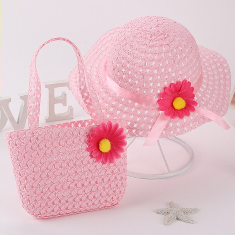 Straw Hat Summer Children Sun Flower Solid Color Lace Sun Hat Kids Sweet Bonnets Girl Beach Travel Hat Cap With Woven Basket: 16 With Basket