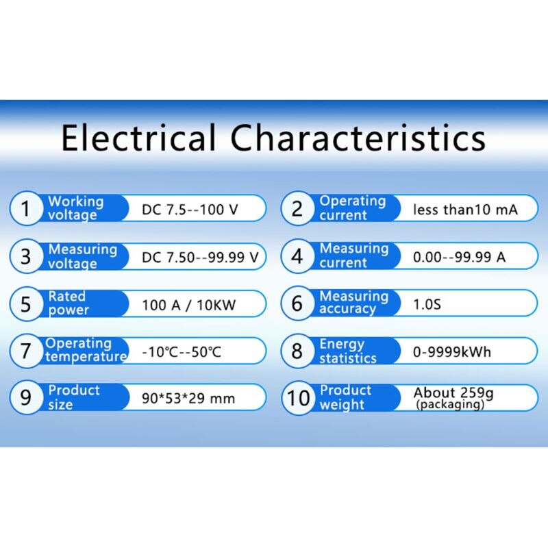 50a dc 7.5-100v digital lcd voltmeter amperemeter wattmeter effekt energi måler volt kwh watt amp