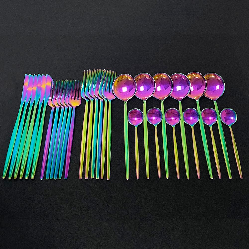 30pcs Dark Green Dinnerware Set 18/10 Stainless Steel Cutlery Set Flatware Tableware Set Dinner Knife Fork Spoon Dishwasher Safe: Rainbow