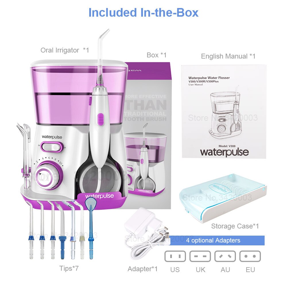 Waterpulse V300 800ml Dental Flosser Orale Irrigatore Dentale Flosser Acqua Igiene orale Denti Pulitore Dentale Flosser con 7 Ugelli: VIOLA / Spina degli stati uniti