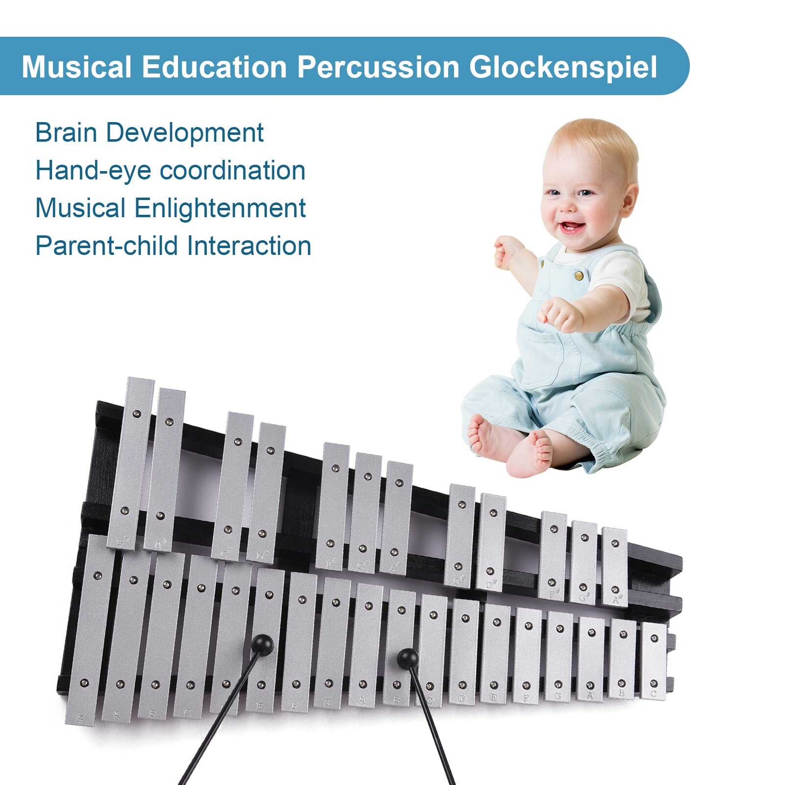 Foldable 30 Note Glockenspiel Xylophone Wooden Frame Aluminum Bars Educational Percussion Musical Instrument with Bag 25Key
