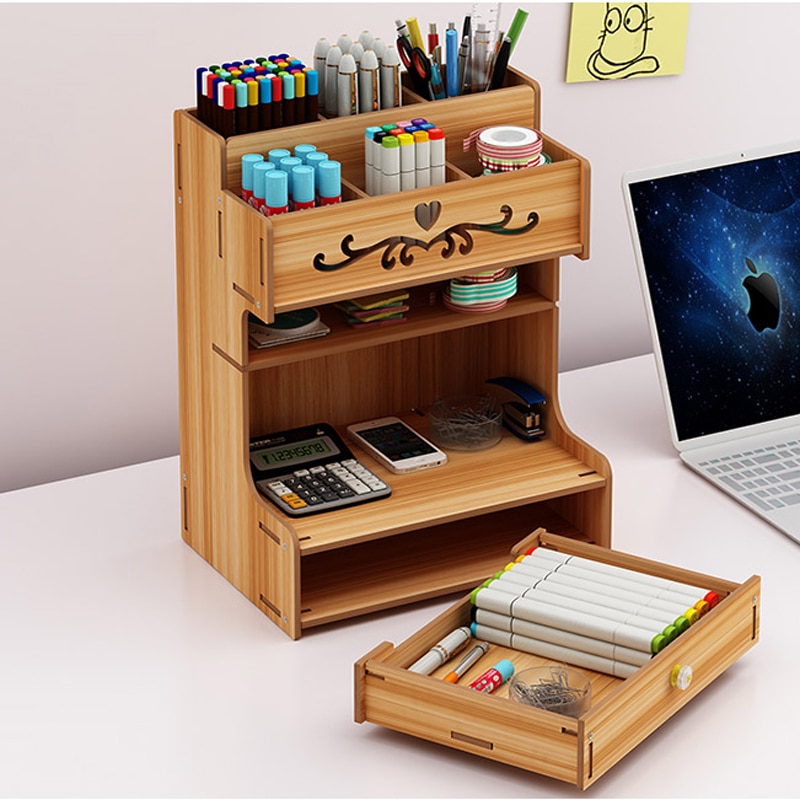 Home Office Supply Desktop Storage Rack Multi-Functional DIY Pen Holder Box Desktop Stationary Wooden Desk Organizer