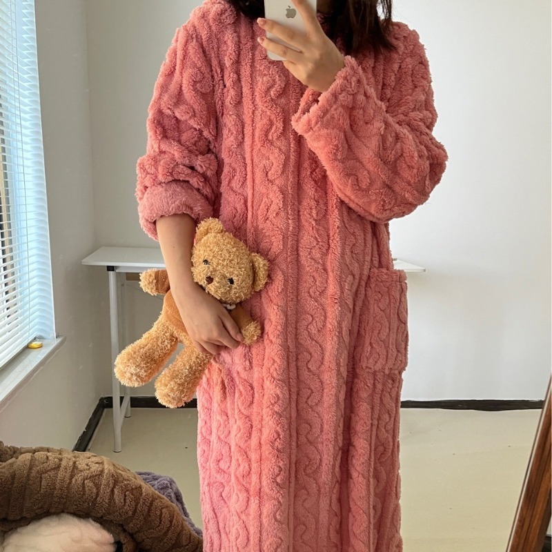 Bathrobe Woman Shower Autumn and Winter Thickened Coral Velvet Jacquard Sleeping Gown Long Section Solid Colour Warm Bath Robe: XXS / Gold