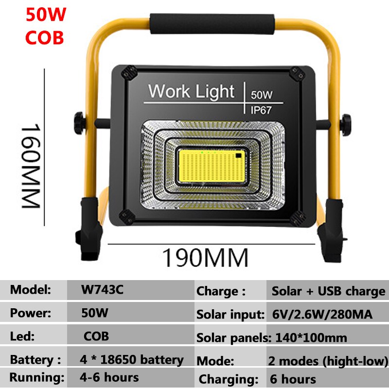 Solar Working Light 80W Waterproof IP67 Built in 18650 Battery Charge in Sun or Usb Rechargeable Industrial Portable Flood Lamp: 50W COB