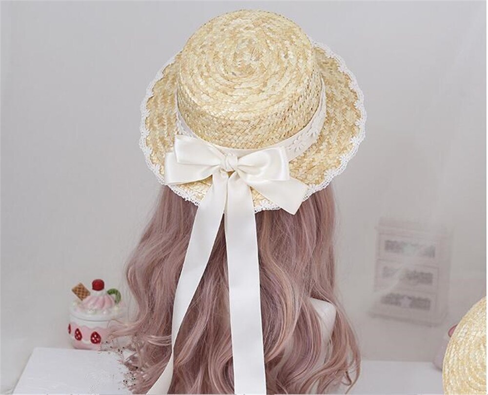 Mori Girl Cute Big Bow Lace Ribbon Lolita Straw Hat Sweet Princess Lolita Flat Cap Beach Cap B1527