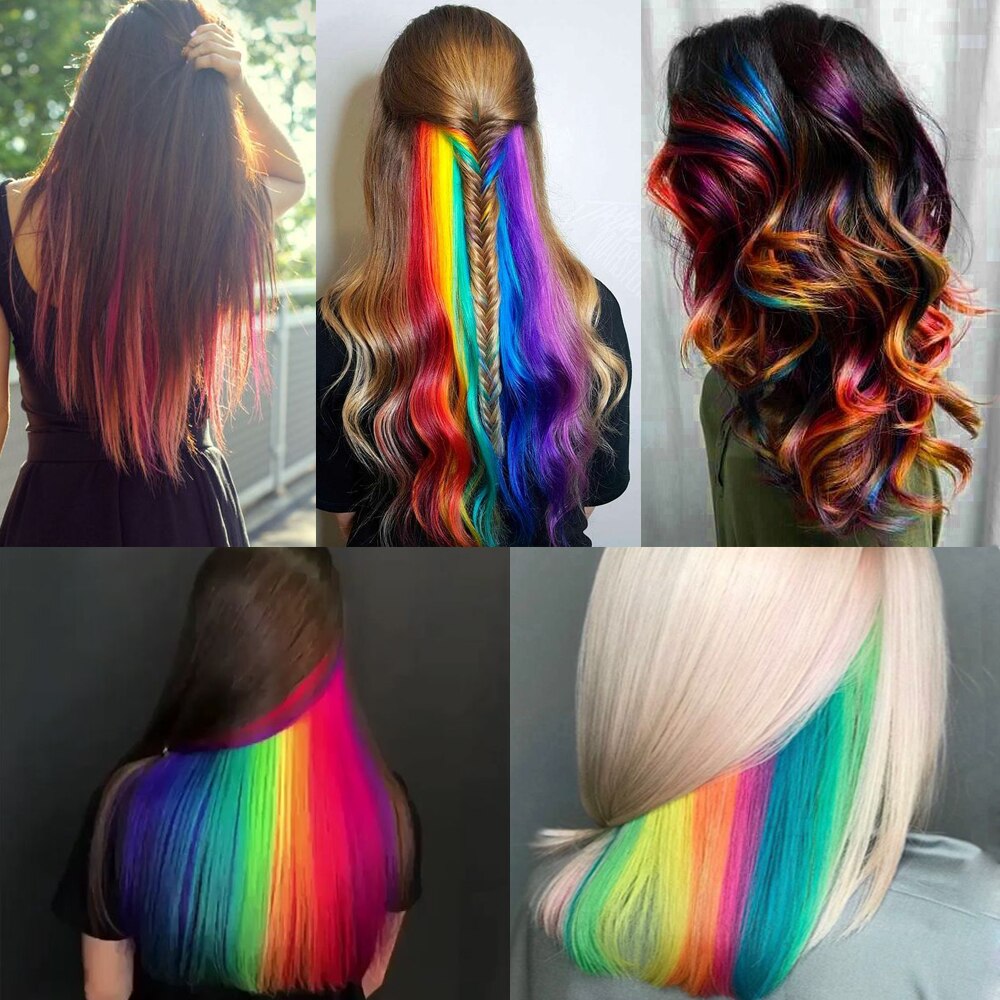 JUNSI Colored Hair Strands Hair Extension Long Straight Female Rainbow Hair Pieces A Clip Heat Resistant Synthetic Bundles