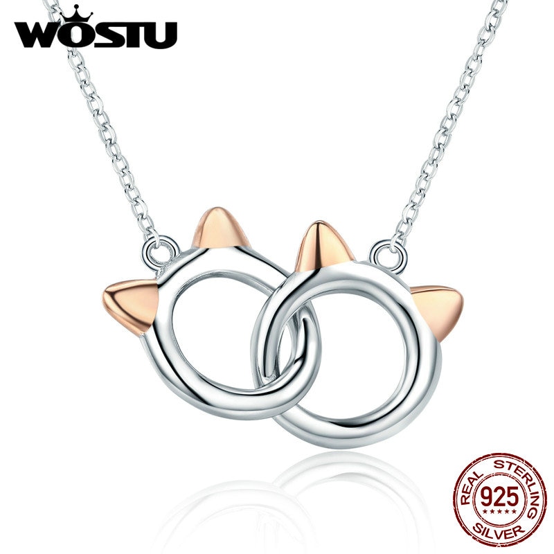 Wostu echt 925 sterling zilveren huisdier kat link hanger ketting voor vrouwen merk sieraden cqn 252