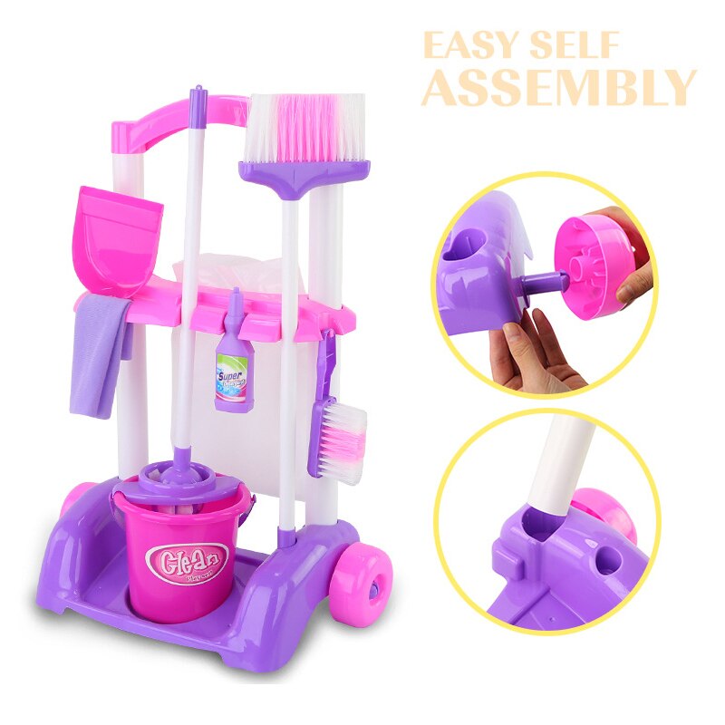 Children Kids Pretend Play Housekeeping Toys Simulation Cleaning Tools Kit Sweeping Mop Brush Trolley Cleaning Toys Set