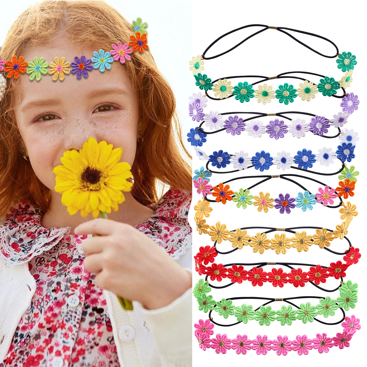 Diadema de margaritas y flores, corona de girasol Hippies, corona para el pelo, tocado Floral bohemio para de festivales de boda y turismo de primavera