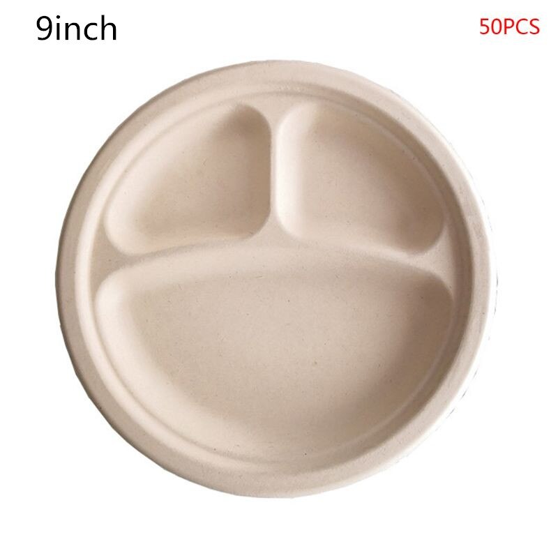50Pcs/bag 9\"/10\" Degradable Bagasse Paper Plate 3 Compartment Disposable Plate: 9BN