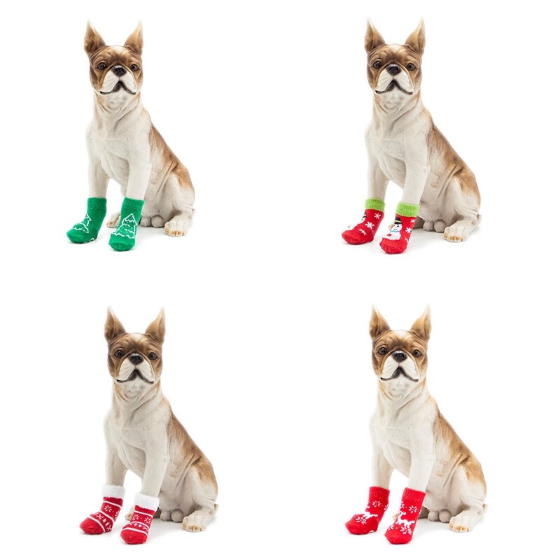 Animal Mignon antidérapant En Coton Tricoté Chaussettes Pour Petits Chiens De Noël Imprimé Pied Chaussettes Pour Animaux De Compagnie Costume 4 pièces/ensemble