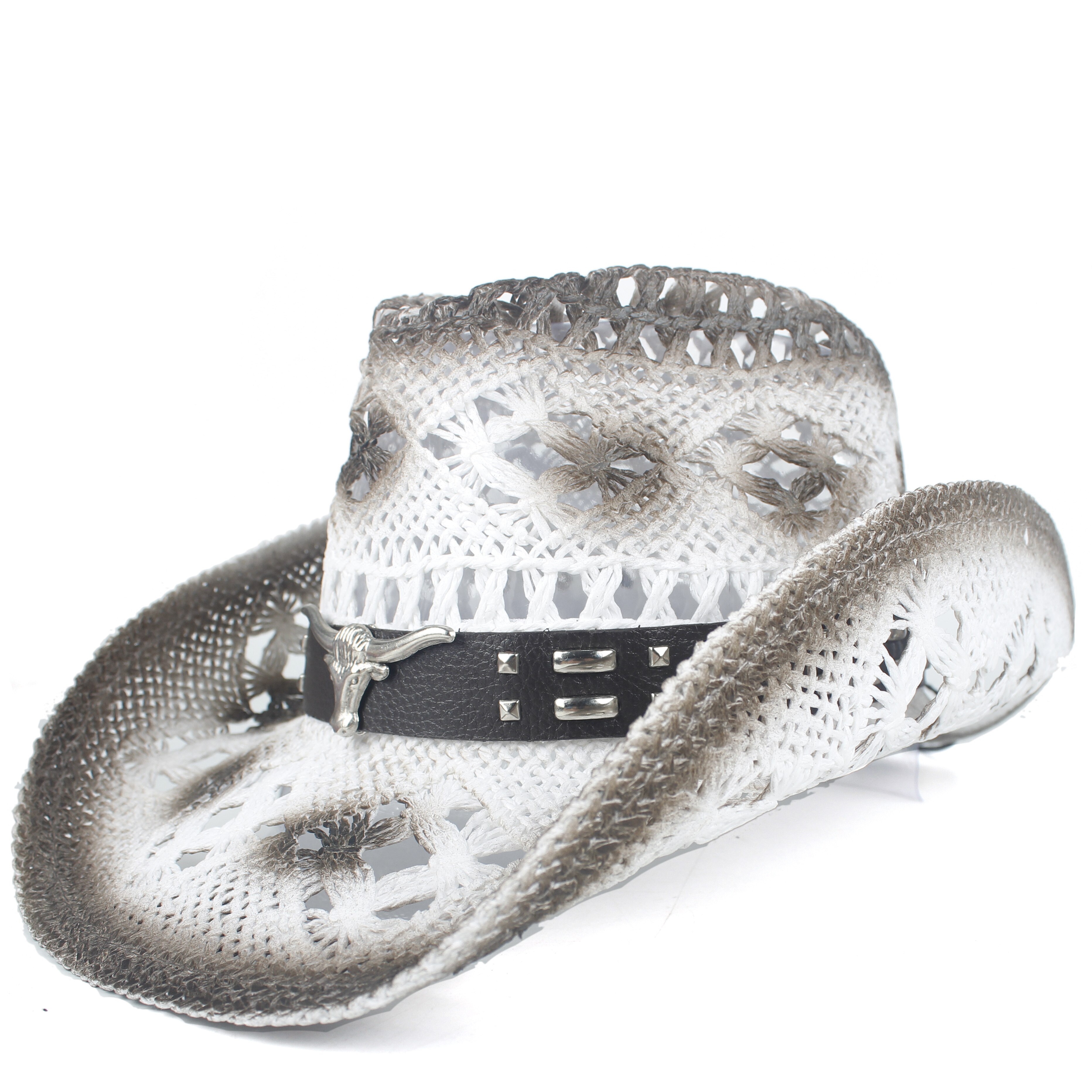 Sombrero de vaquero occidental de paja ahuecado para hombres y mujeres Sombrero de Sol de talla 56- 58 CM: White