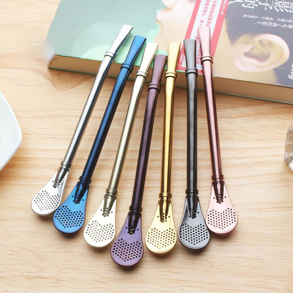 Stainless Steel Tea or coffee Straw tubes and Spoon Tea Filter Stick Spoon Tea Strainer Cocktail Shake bar Party Supply