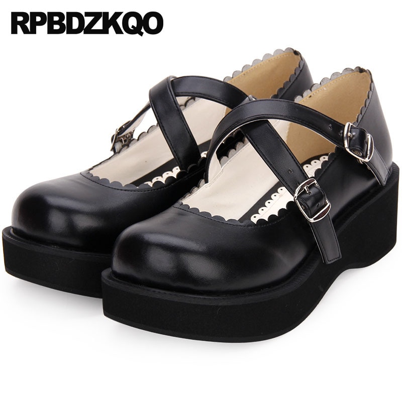 Dames Ronde Neus Wedge Maat 4 34 Platform Lolita Schoenen Klimplanten Kawaii Japanse Korting Medium Hakken Cross Strap zwart