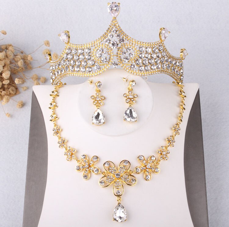 Barokke Vintage Gold Crystal Leaf Bridal Sieraden Sets Rhinestone Tiara Kroon Ketting Oorbellen Bruiloft Afrikaanse Kralen Sieraden Set