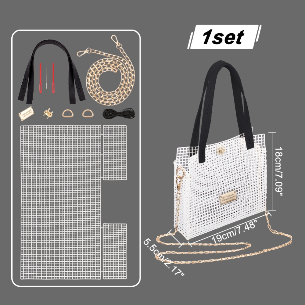 Kit de bolsas de ganchillo para tejer DIY, Kit de fabricación de bolsas tejidas a mano, hojas de lona de plástico de malla para bordado de punto de cruz: Dorado