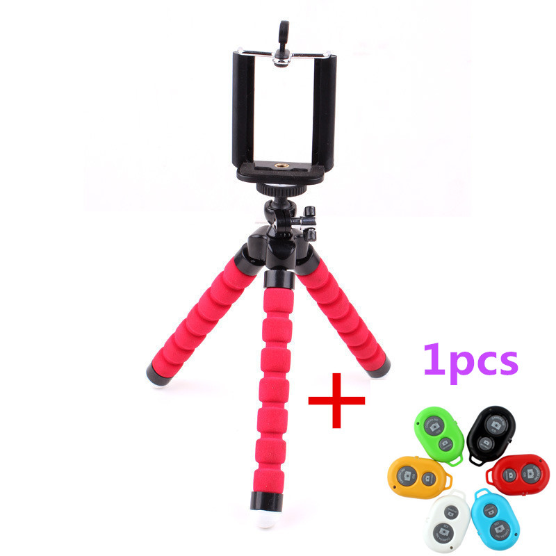 Flexible Octopus Tripod Bracket Selfie Stand Mount + Wireless Bluetooth Timer Remote Shutter Button For IPhone 6 7 SamsungS6: Red and Shutter