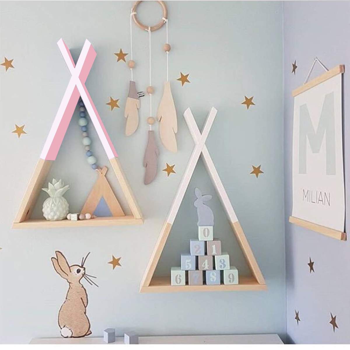 Vitrina de madera con marco triangular de pared, soportes de almacenamiento, estantes, decoración para sala de estar, dormitorio, niños, estante de almacenamiento en habitación