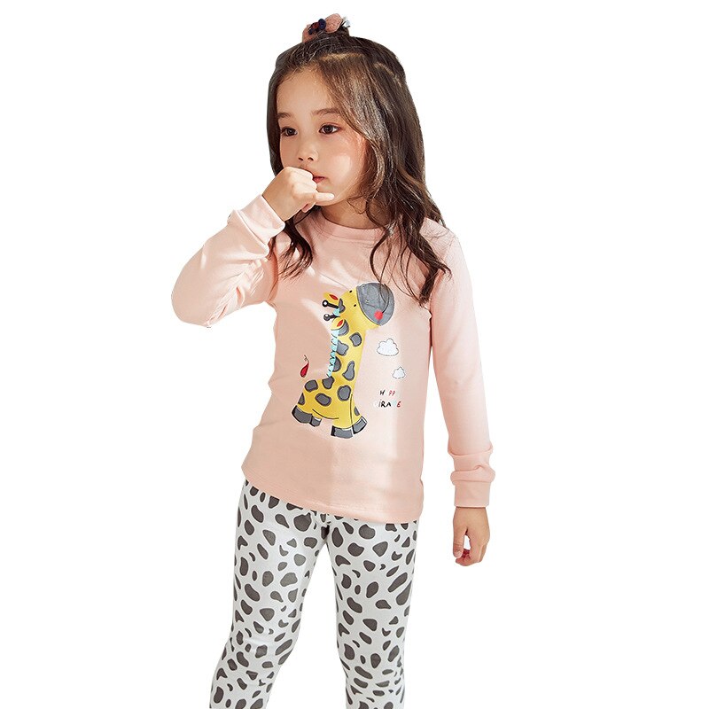 Girls' Printing Cartoon Giraffe Spot Round Neck Long Sleeve Pajamas Children Set Kids Sleepwear Trousers Nightwear Outfit: 90cm