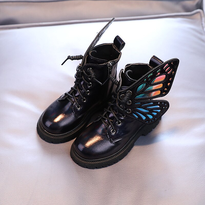 Girls Short Boots Princess Super Shine Butterfly Wings 2022 Winter Big Children Martin Boots Velvet Sweet Kids Boots