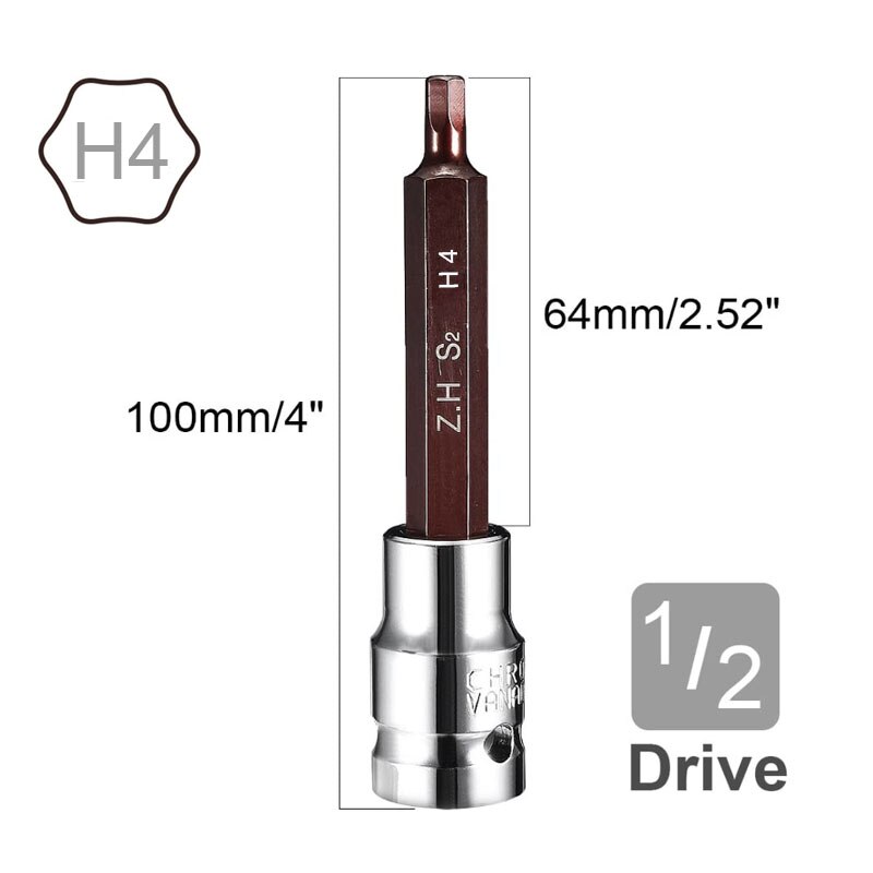 1/2" Drive x 4mm 5mm 6mm 7mm 8mm 10mm 12mm 14mm Hex Bit Socket, Standard Metric, S2 and Cr-V Steel 100mm Length: 100LxH4MM 1pcs