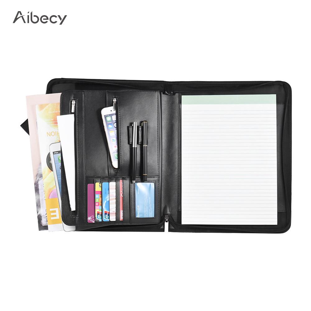 Zippered Multifunctional A4 Portfolio Padfolio File Organizer with Writing Pad Card Pockets for Manager