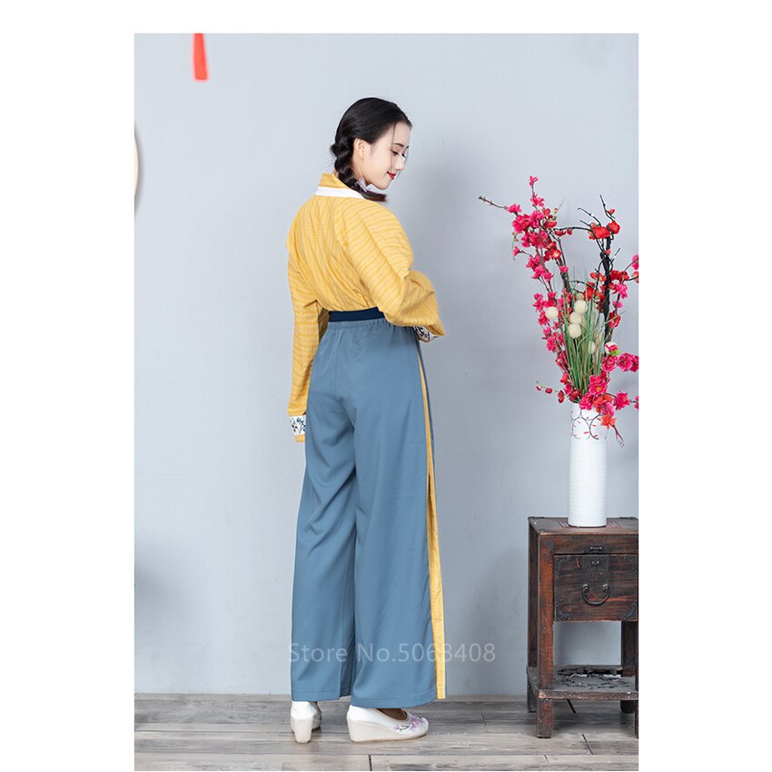 Japanese Style Kimono Dress for Women Retro Lace Up Haori Embroidery Yukata Top Wide Leg Pants Asian Dance Costume