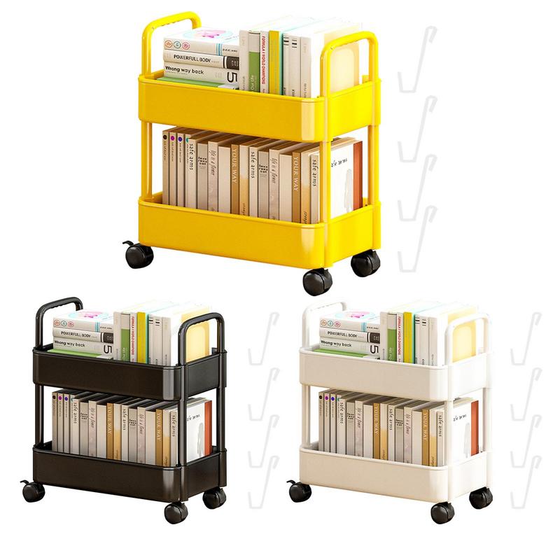 Estante de pie, organizador de libros de 2 niveles, estantería móvil multifuncional, carrito, estante de almacenamiento de aperitivos, carrito de estantería portátil