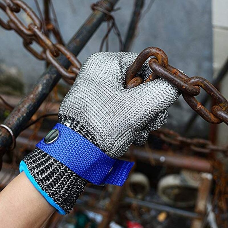 Guante de carnicero de malla metálica de acero inoxidable, resistente a Cortes, protección de alto rendimiento, nivel 5, azul y rojo