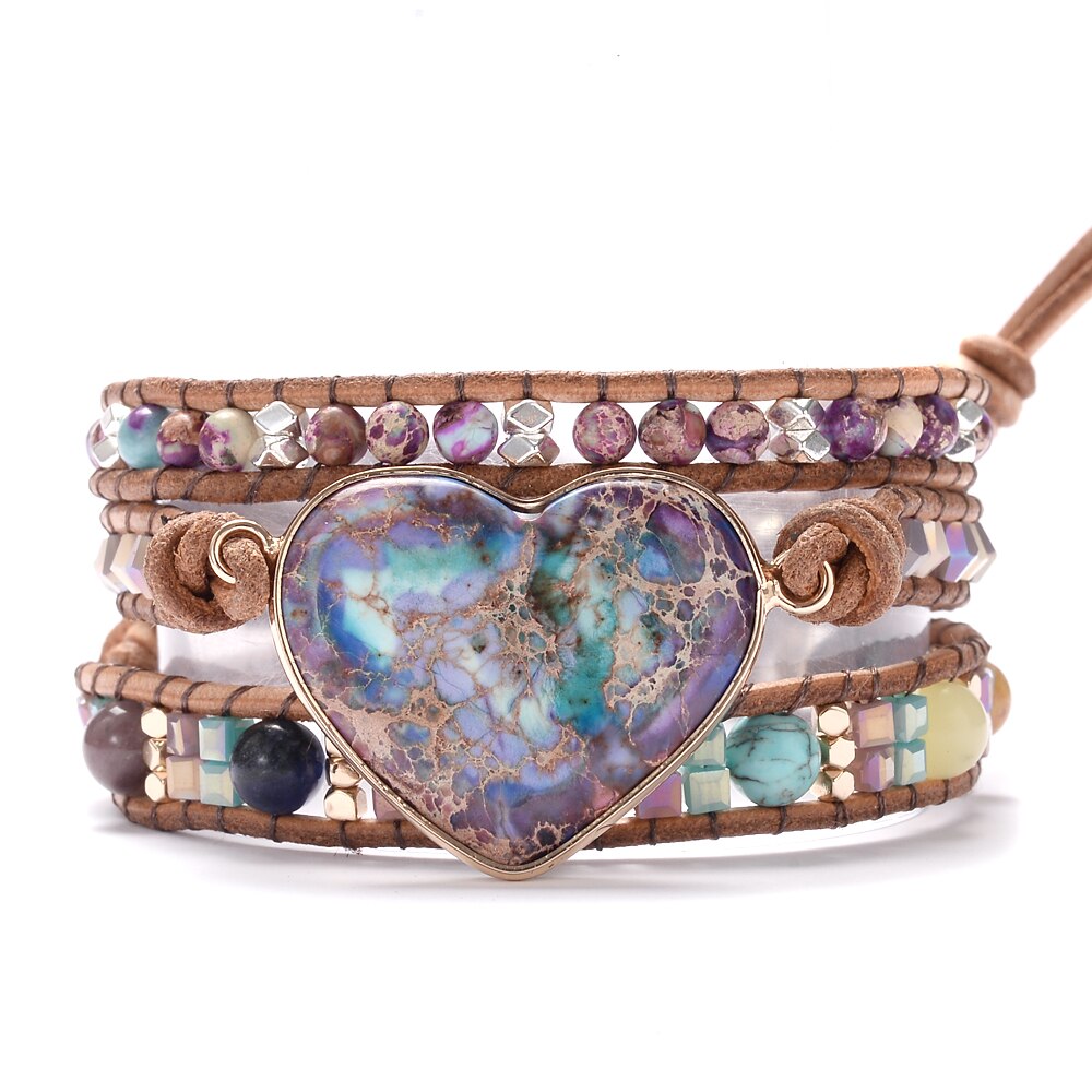 Liefde Hart Regalite Stone Wrap Armbanden Handgemaakte Gevlochten Kralen Triple Lederen Vriendin Bohemian Sieraden: Default Title