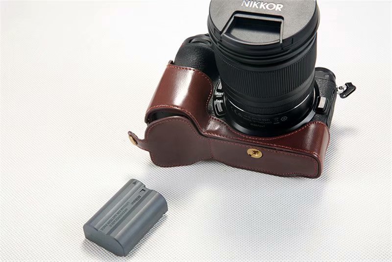 Funda de cuero Pu para cámara Nikon Z7 Z6, bolsa de medio cuerpo, correa de muñeca, cubierta inferior