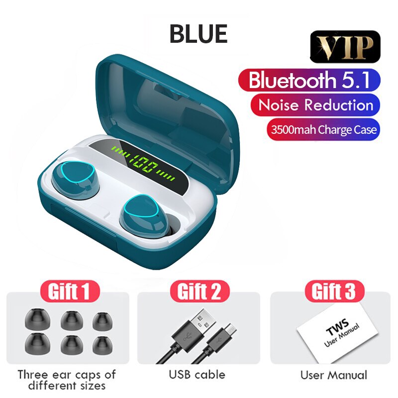3500mAh TWS Wireless Headphones Bluetooth V5.1 Earphones Sports Earbuds HIFI Stereo Waterproof Touch Control LED Display Headset: Blue