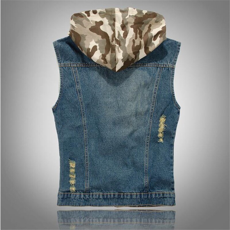 Lente Herfst mannen Denim Vest Casual Jeans Hooded Jassen Camouflage Ripped Mouwloze Jassen Vest Colete Masculino