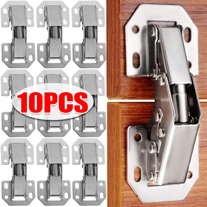Bisagras de gabinete de 90 grados sin agujeros, bisagras de amortiguación para puerta de armario, accesorios de herramientas de herrajes para muebles plateados, 2/10 Uds.