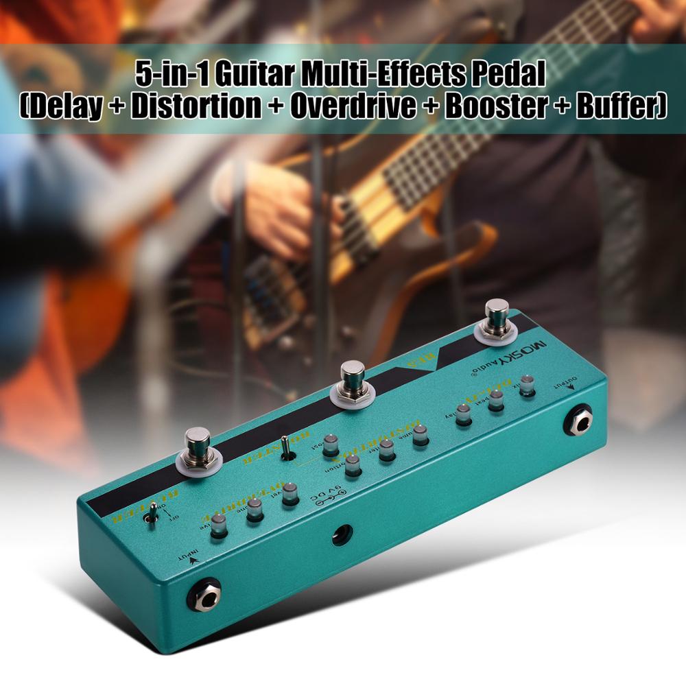 MOSKY RC5 6-in-1 Guitar Multi-Effects Pedal Reverb + Chorus + Distortion + Overdrive + Booster + Buffer with True Bypass Effect: 5 in 1 Green