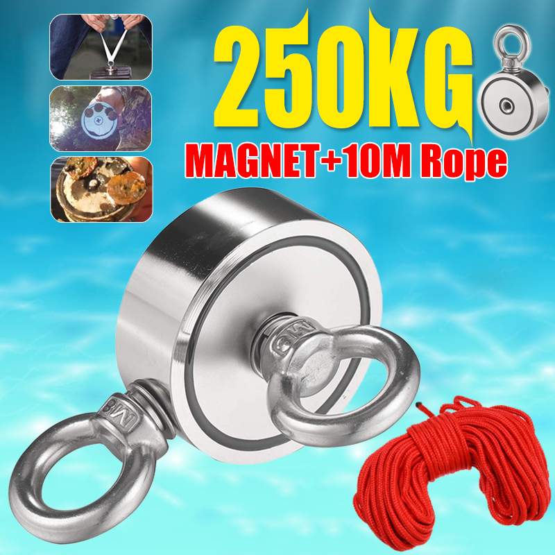 250KG D60mm Double face puissant rond néodyme aimant crochet de sauvetage aimant mer pêche équipements support + anneau et 10M corde