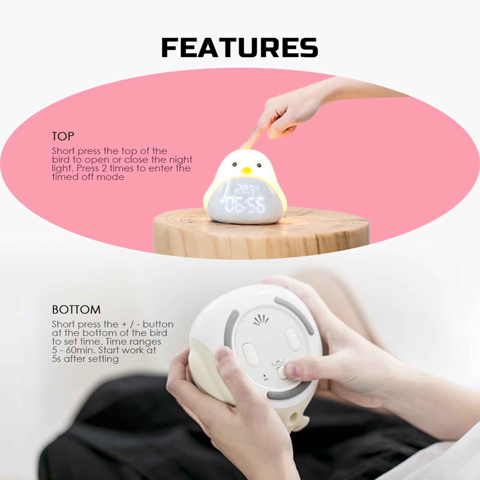 Endurance USB Charging Luminous Night Light Alarm Clock For Student Kids Sleeping Clock Easy Operation Rechargeable